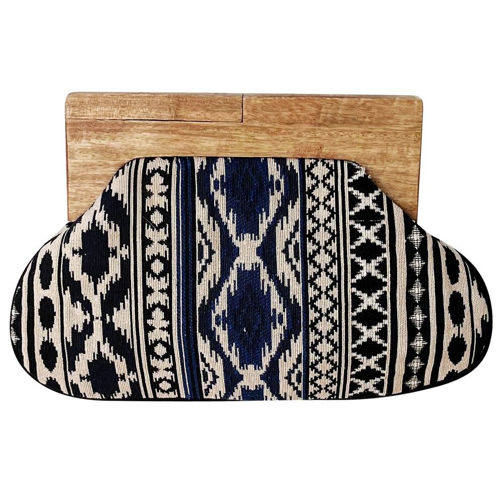 NWT Chloe & Lex BLUE BLACK STRIPES CLUTCH WITH WOODEN HANDLE